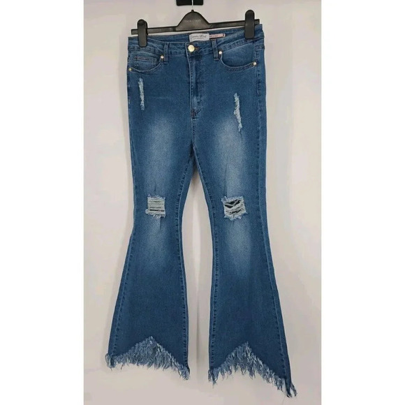 Denim Blvd Los Angeles High Rise Flare Raw Hi Low Hem Jeans Stretch Size L - Picture 2 of 14